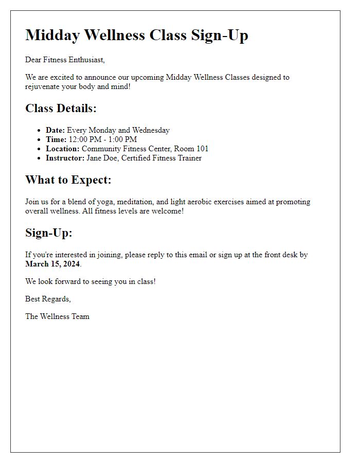 Letter template of midday wellness class sign-up for fitness enthusiasts.