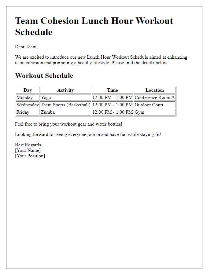 Letter template of office lunch hour workout schedule for team cohesion.