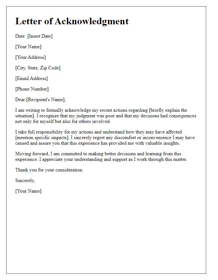 Letter template of acknowledgment for poor judgment