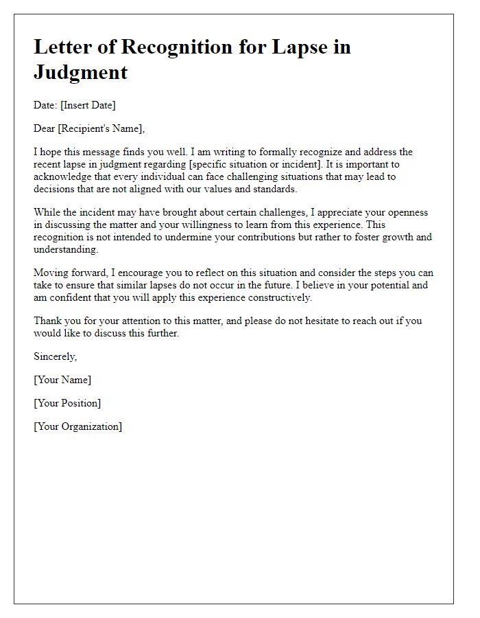 Letter template of recognition for lapse in judgment