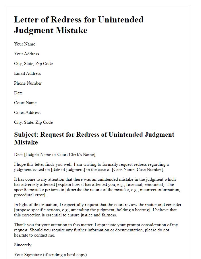 Letter template of redress for unintended judgment mistake