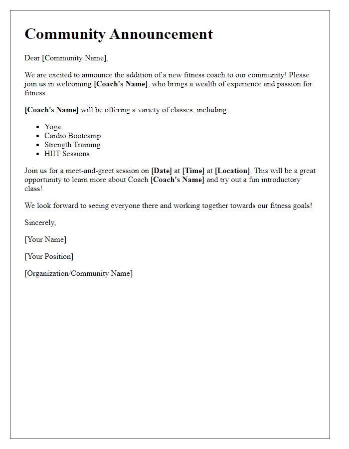 Letter template of community announcement for new fitness coach