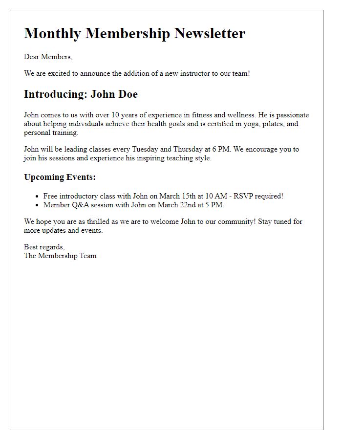 Letter template of membership newsletter featuring a new instructor