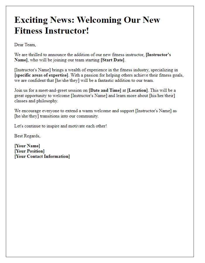 Letter template of onboarding announcement for new fitness instructor