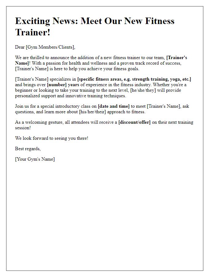 Letter template of promotional announcement for new fitness trainer