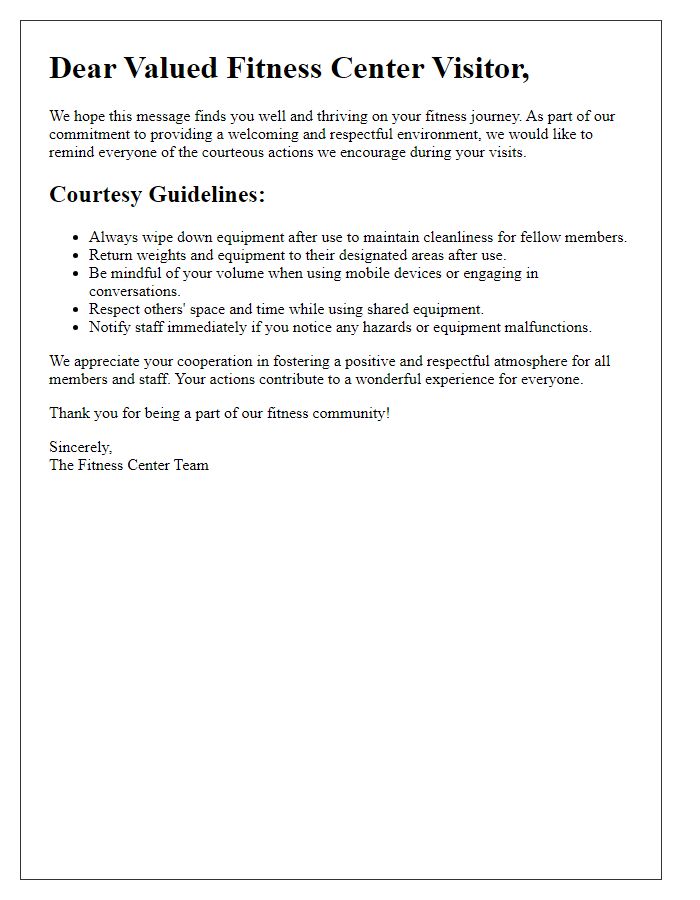 Letter template of courteous actions for fitness center visitors