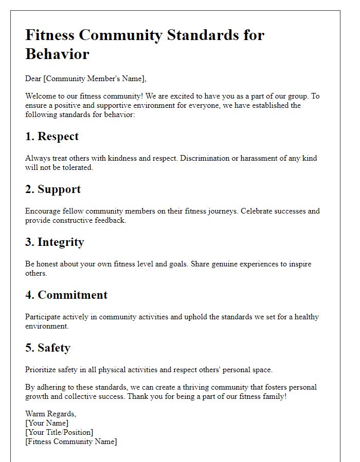 Letter template of fitness community standards for behavior