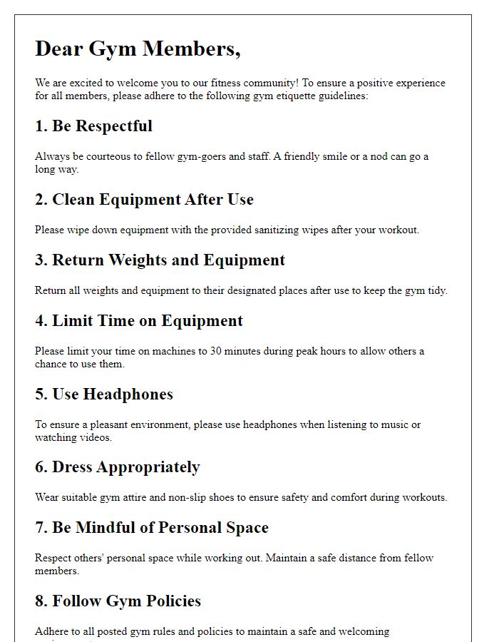 Letter template of gym etiquette guidelines for members