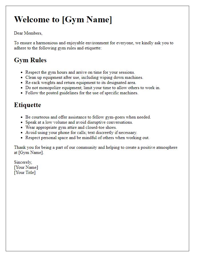 Letter template of gym rules and etiquette for a harmonious environment