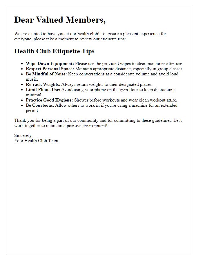 Letter template of health club etiquette tips for members