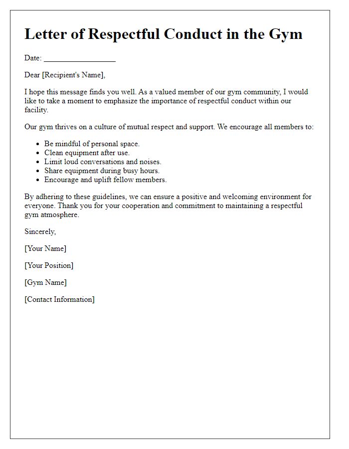 Letter template of respectful conduct in the gym