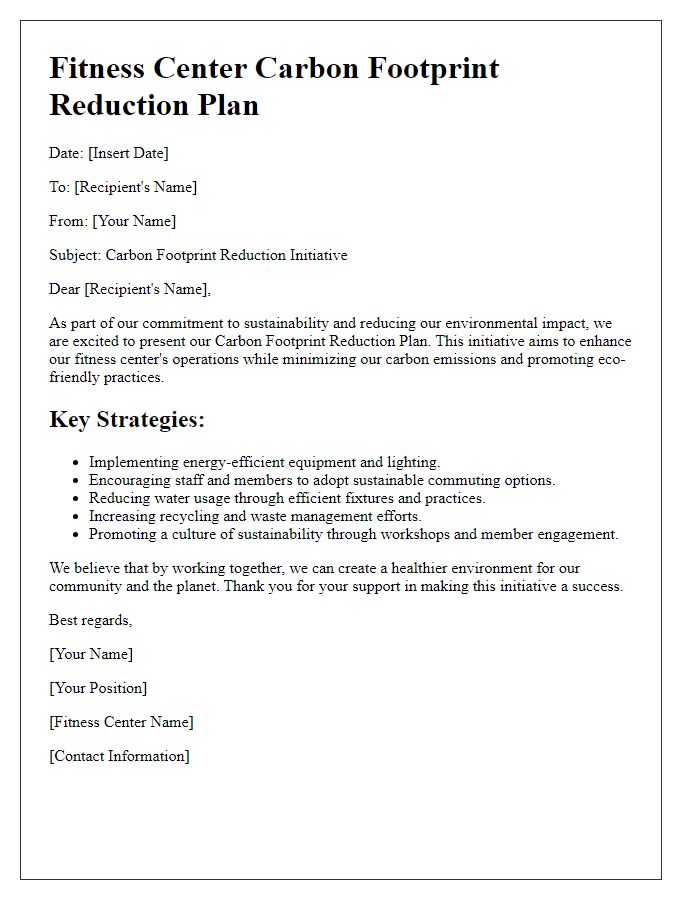 Letter template of fitness center carbon footprint reduction plan