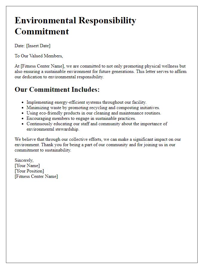 Letter template of fitness center environmental responsibility commitment