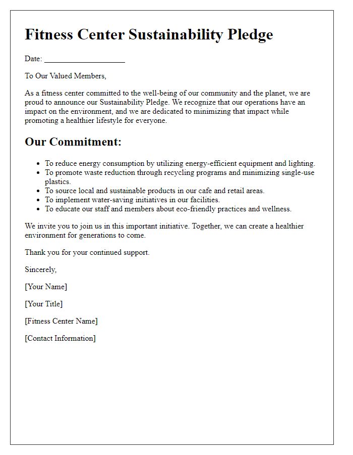 Letter template of fitness center sustainability pledge