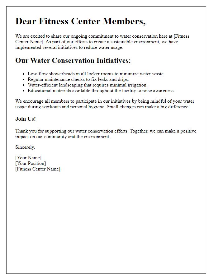 Letter template of fitness center water conservation efforts