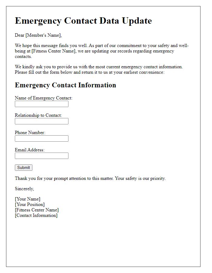 Letter template of fitness center contact emergency data update