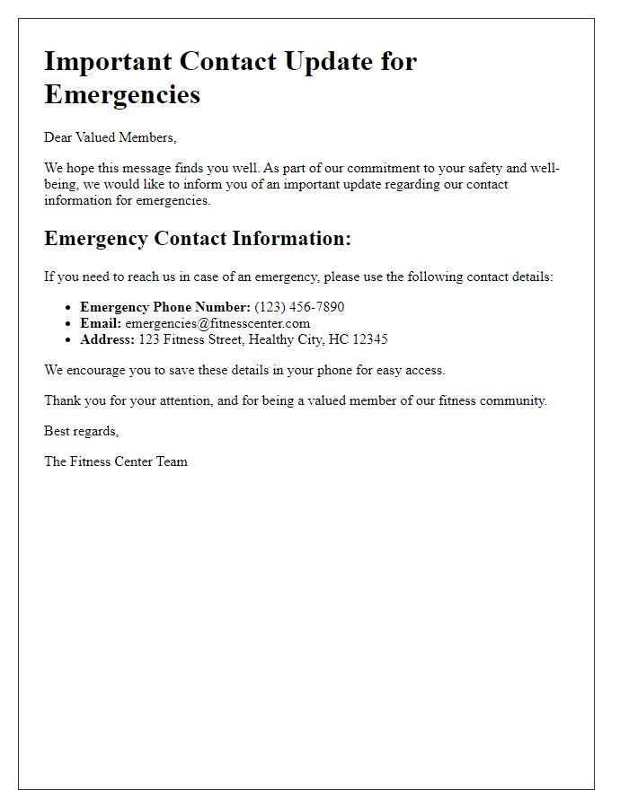 Letter template of fitness center contact update for emergencies