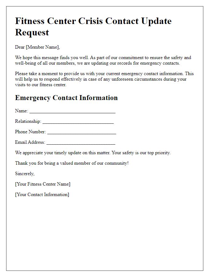 Letter template of fitness center crisis contact update request