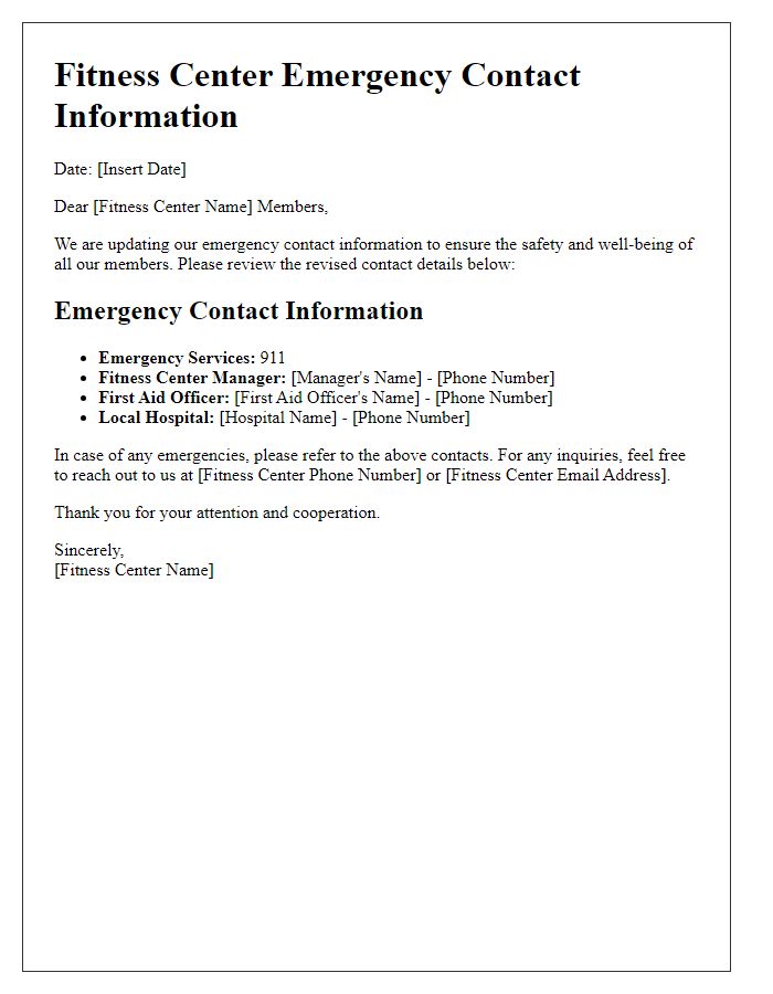 Letter template of fitness center emergency contact information revision