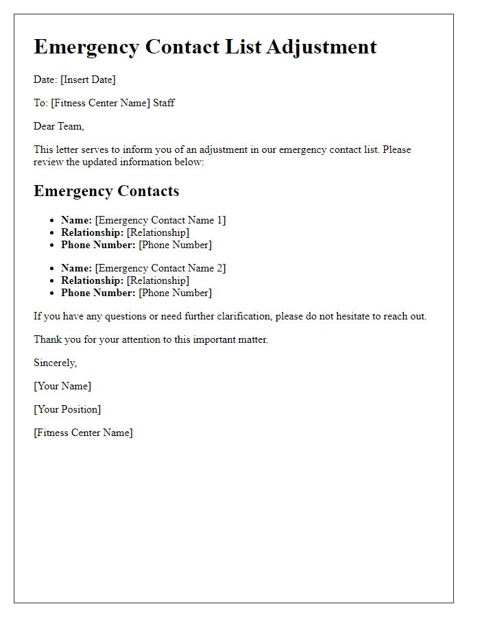 Letter template of fitness center emergency contact list adjustment