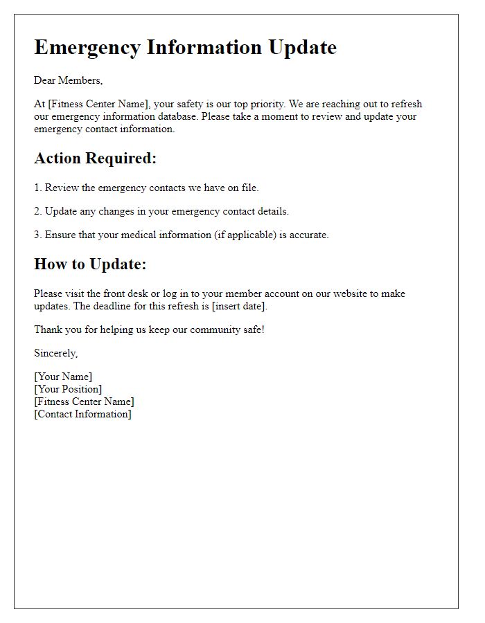 Letter template of fitness center emergency information refresh