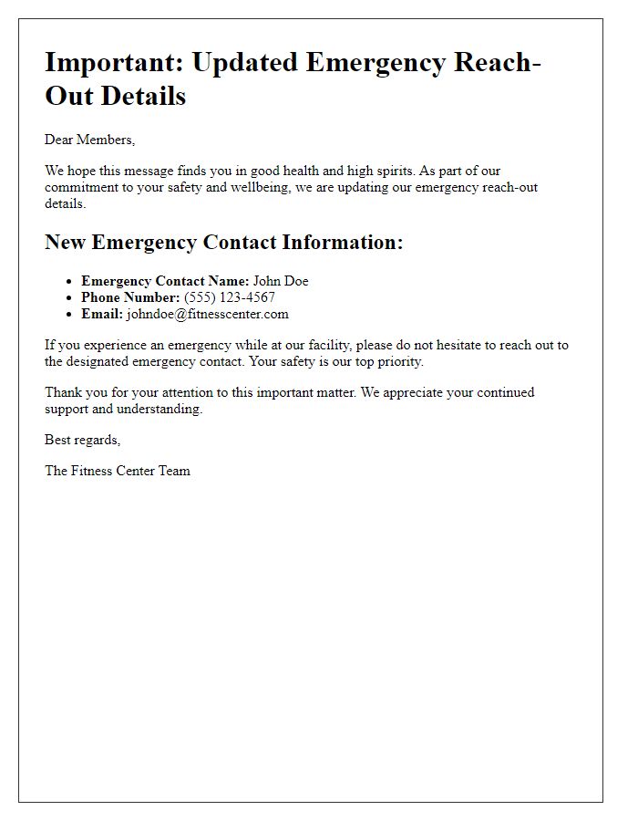 Letter template of fitness center emergency reach-out details update