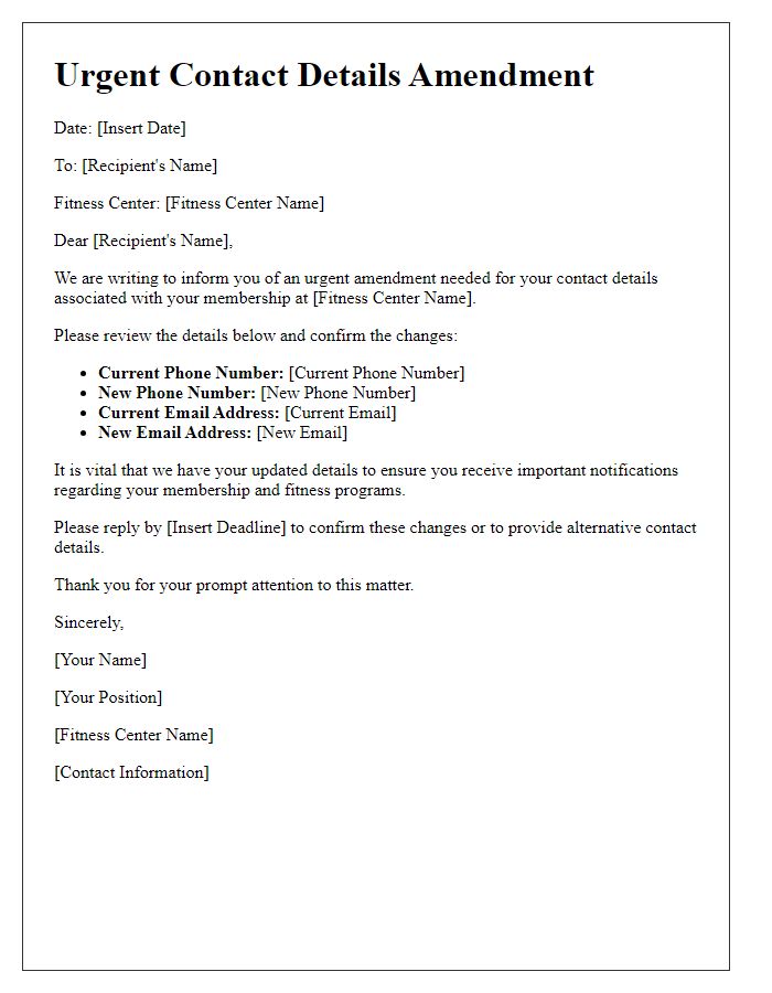 Letter template of fitness center urgent contact details amendment