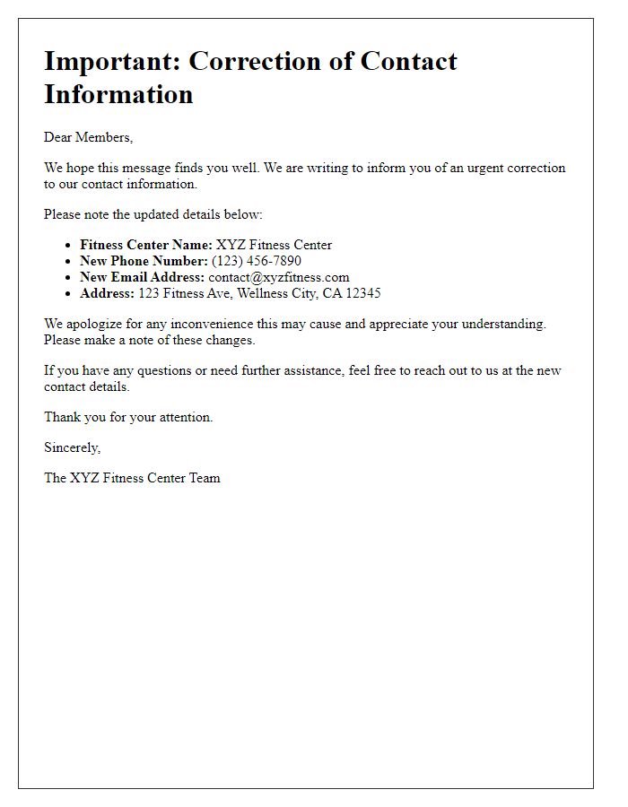 Letter template of fitness center urgent contact info correction