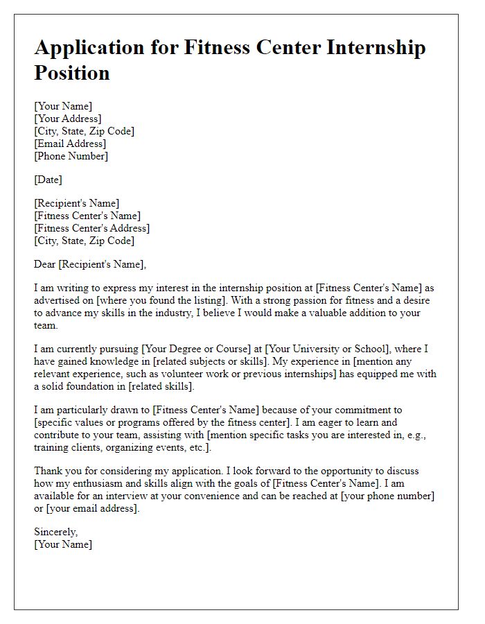 Letter template of application for fitness center internship positions