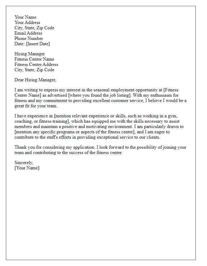 Letter template of application for fitness center seasonal employment