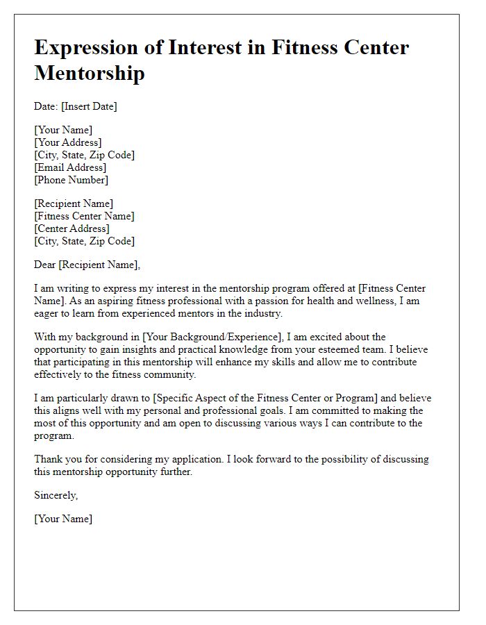 Letter template of expression of interest in fitness center mentorship