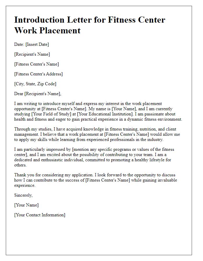 Letter template of introduction for fitness center work placements