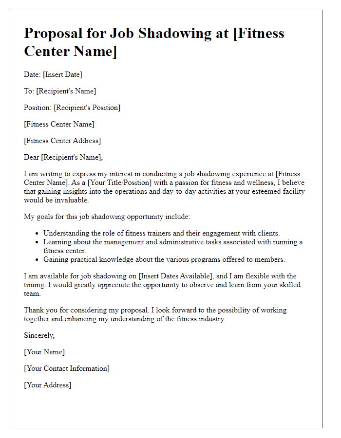 Letter template of proposal for fitness center job shadowing