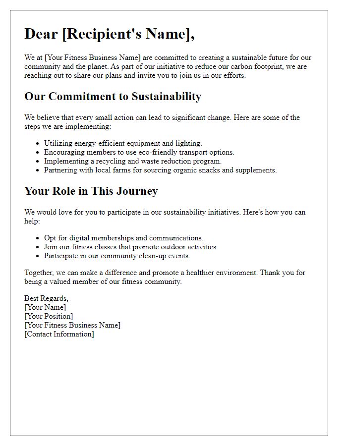 Letter template of carbon footprint reduction for fitness businesses.