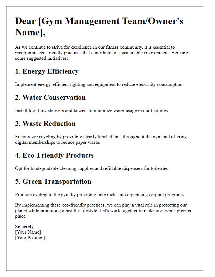 Letter template of eco-friendly practices for gym management.