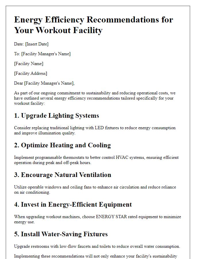 Letter template of energy efficiency recommendations for workout facilities.