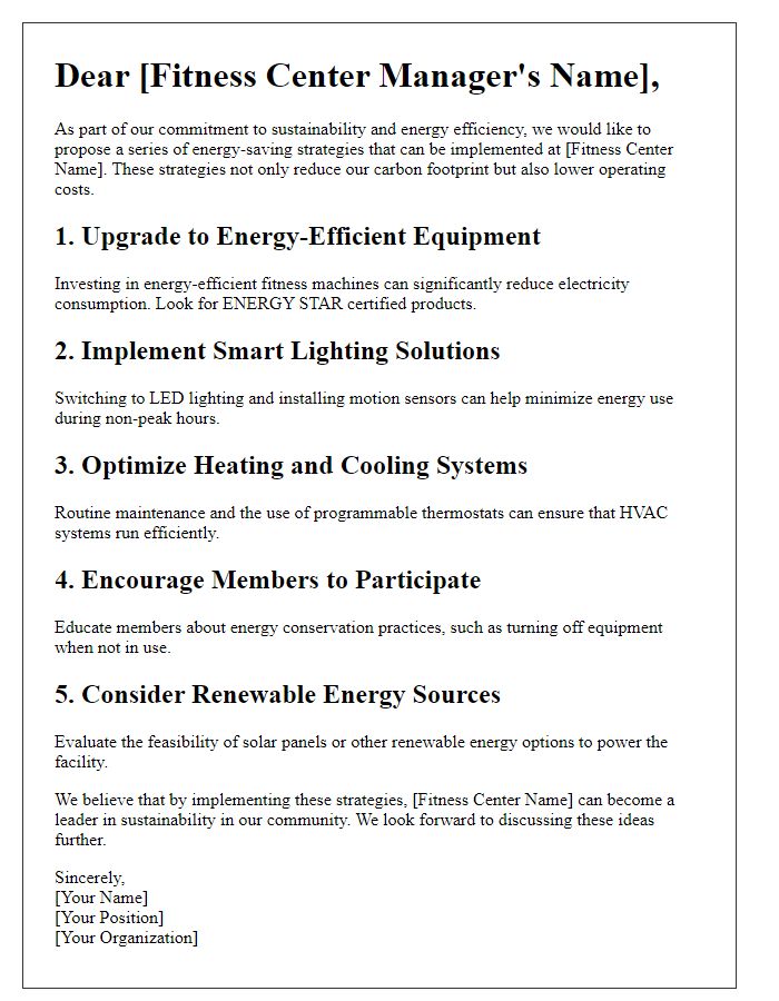 Letter template of energy-saving strategies for fitness centers.