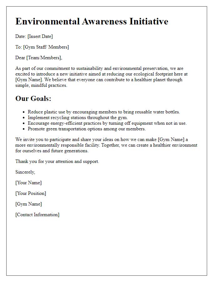 Letter template of environmental awareness for gym operations.