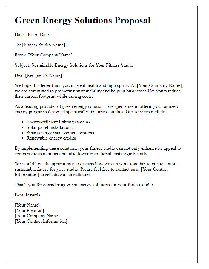 Letter template of green energy solutions for fitness studios.