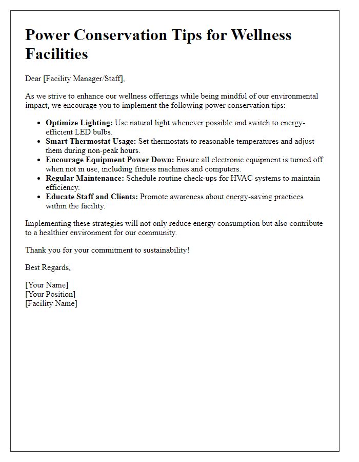 Letter template of power conservation tips for wellness facilities.