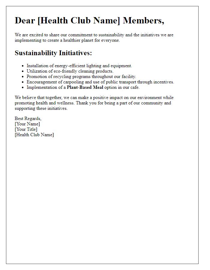 Letter template of sustainability initiatives for health clubs.