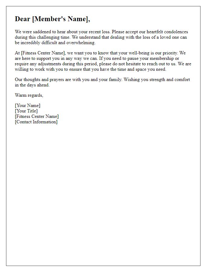 Letter template of understanding for a fitness center members family loss