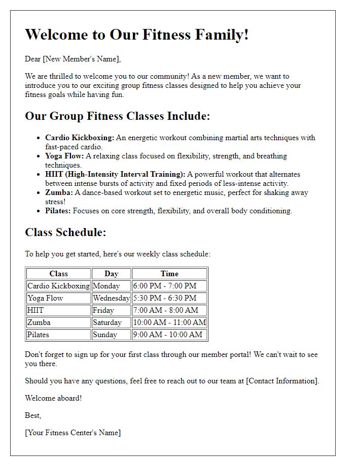 Letter template of group fitness class offerings for new members.