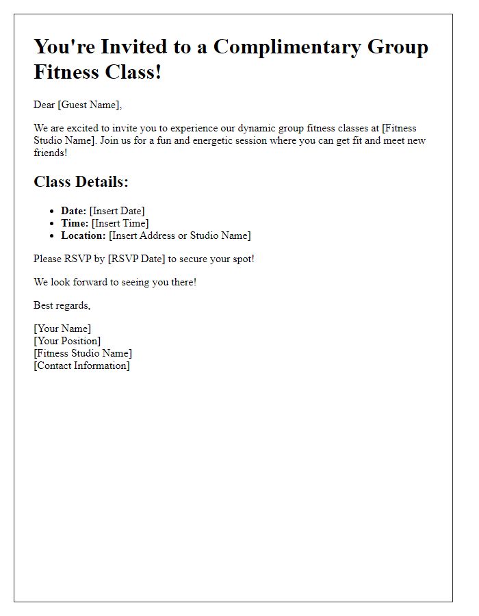 Letter template of group fitness class trial invitations for guests.