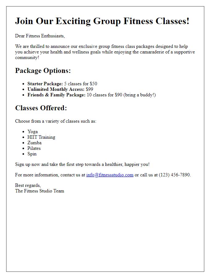 Letter template of promotional group fitness class packages.