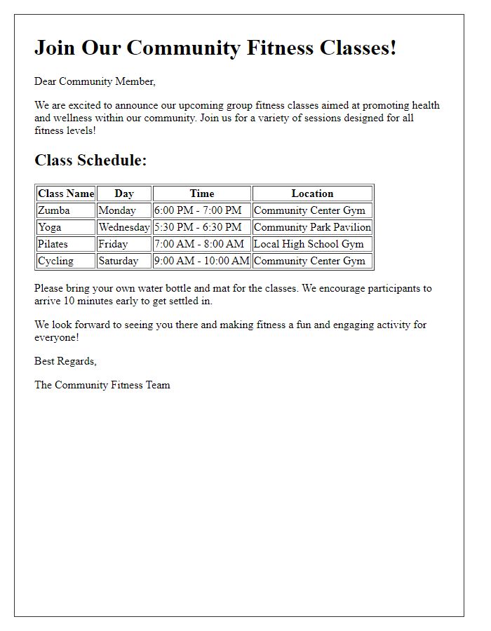 Letter template of scheduled group fitness classes for community engagement.