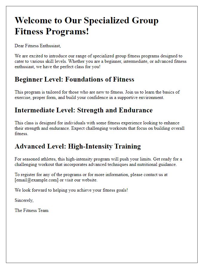 Letter template of specialized group fitness programs for different skill levels.