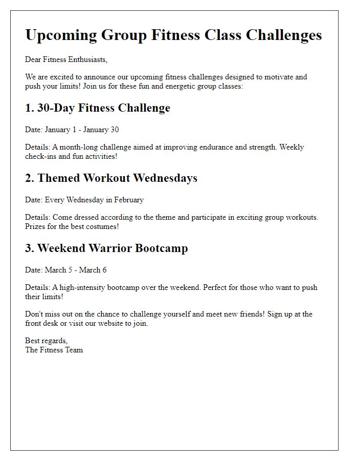 Letter template of upcoming group fitness class challenges.