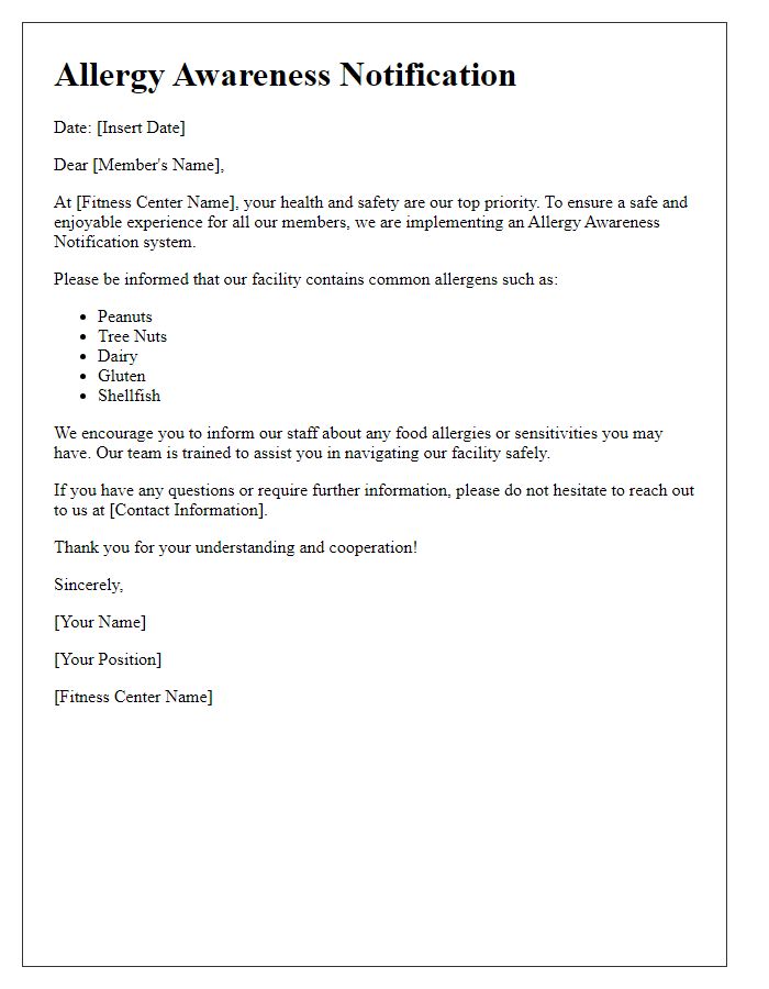 Letter template of fitness center allergy awareness notification