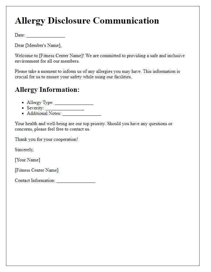 Letter template of fitness center allergy disclosure communication